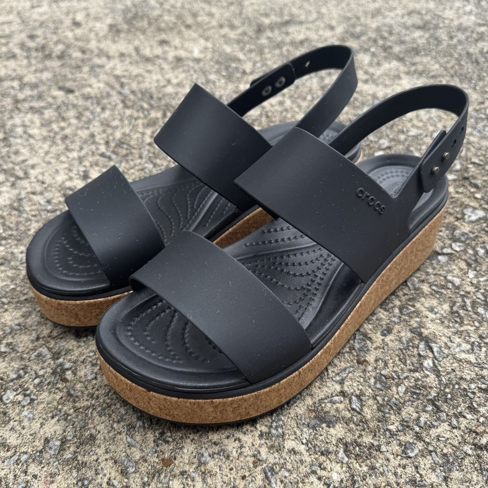 Crocs Brooklyn Low Wedge Cork Sandal Women's Size 9 Black Strap Excellent Cond.